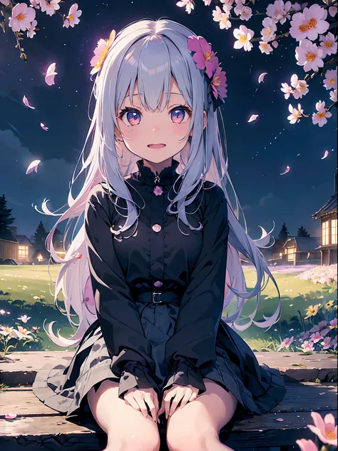 masterpiece、highest quality、1 girl、(Colorful)、(Are you okay, beautiful eyes and detailed face)、movie lighting、bust shot、Highly detailed CG Unity 8k wallpaper、gray hair、solo、laughter、intricate skirt、((flying petals)) 、(flower meadow) null、曇った灰のnull、architec...