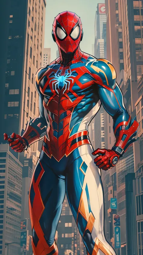 comic style: Robot Spider-Man,Manipulate the hero,red and blue garments,Gold logo,city background, empty eyes, simple background, center.