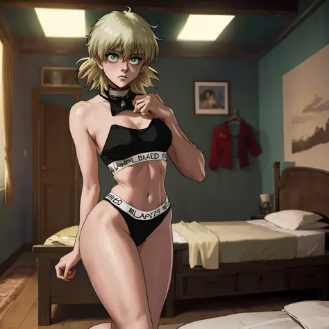 1girl, seras, flat chest, blacked underwear, green eyes, solo, barefoot, simple background, embarrassed, looking at viewer, turned around, presenting ass, bedroom