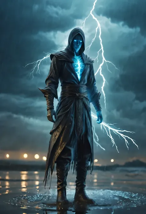 photo actual illustration of raziel holding the soul reaver , Put on a neck brace,  (Stand in a puddle:1.4)  night  , (rain:1.2), (storm:1.3),  wet, reflection in water , 史诗般的Light, Light,  dark fantasy style , high resolution, (Detailed images:1), Crazy d...