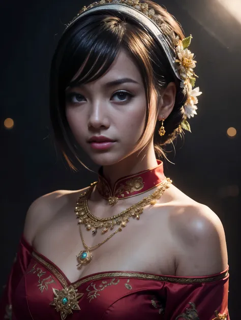 Best Quality, Masterpiece, Hi-Res, One Girl, Cheongsam, Headwear, Necklace, Jewelry, Beautiful Face, upon_body, Tyndall Effect, Photorealistic, Dark Studio, Rim Lighting, Two-Tone Lighting, (High Definition Skin: 1.2), 8k uhd, dslr, soft lighting, high qua...