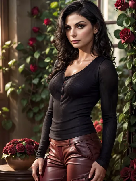 from below, best quality, ultra high res, (photorealistic:1.4), morena baccarin, (makeup:1.4), (long sleeve henley tanktop:1.35)...