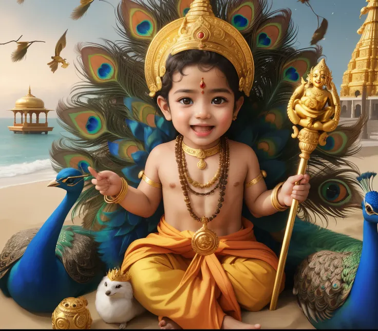 arafed baby sitting on a peacock with a golden crown and a golden staff, indian god, vishnu, hindu god, cute boy, young goddess, by Thota Vaikuntham, adorable digital painting, indian goddess, edited, beautiful cute, hindu gods, cute photo, hindu aesthetic...