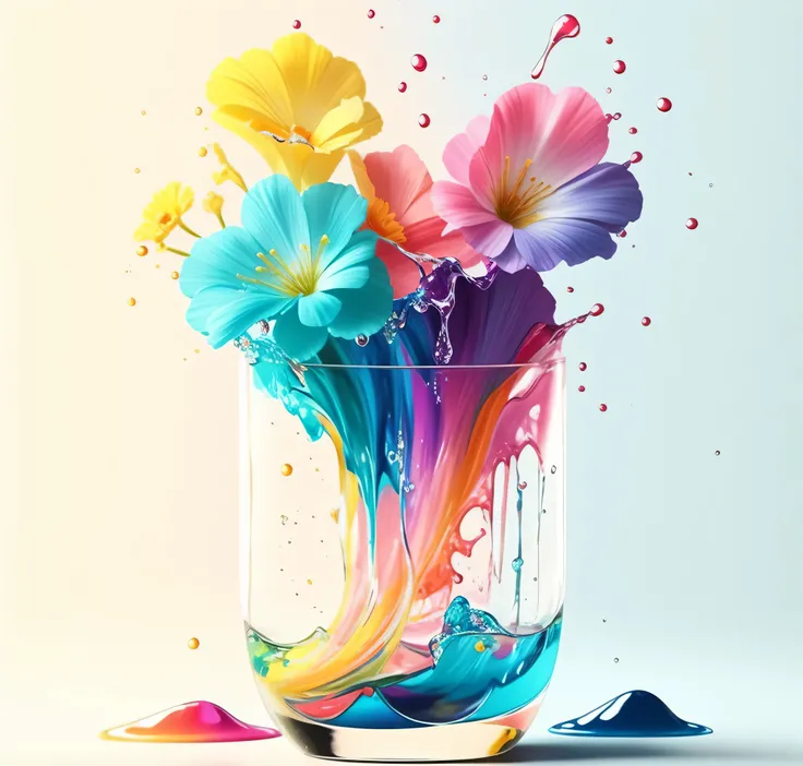 brightly colored liquid pouring into a glass with flowers in it, dripping with color, philosophical splashes of colors, colourful explosion, dripping colors, color ink explosion, splashes of color, colorful explosion, colorful hyperrealism, realistic color...