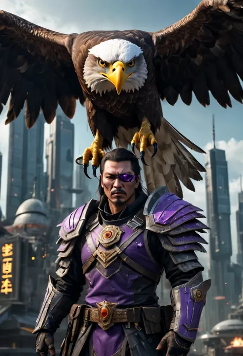 Falcon Warrior，Eagle head mask，eagle eye，Eagles Beak， An eagle warrior with an eagle falcon face and wings stands in front of the alien city,Close-up of falcon，Huge wings sparkle， Beautiful and elegant Falcon King,The head is the head of an eagle，（（best qu...