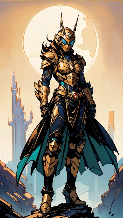 A woman adorned in fantasy-style full-body armor, a crown-concept fully enclosed helmet that unveils only her eyes, a composite layered chest plate, fully encompassing shoulder and hand guards, a lightweight waist armor, form-fitting shin guards, the overa...