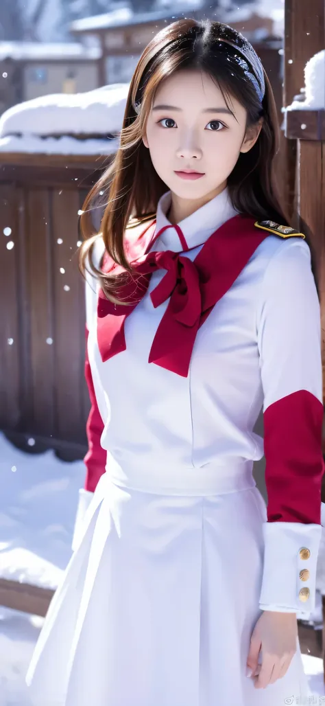 close-up of a person in uniform standing in the snow, girl in uniform, jk uniform, dilraba dilmurat, gorgeous chinese model, sum...