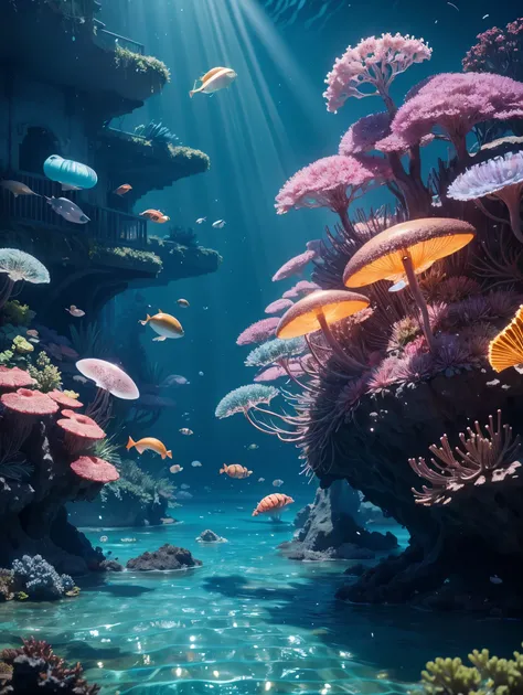 Masterpiece, best quality, (very detailed CG unity 8k wallpapers), (best quality), (best illustrations), (best shadows), marine theme with natural elements. Tall mangroves, rich marine plants, glowing jellyfish, surrounded by schools of fish, glowing parti...