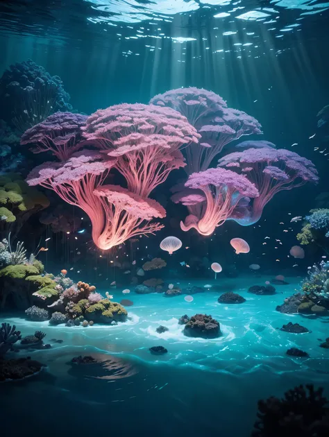 Masterpiece, best quality, (very detailed CG unity 8k wallpapers), (best quality), (best illustrations), (best shadows), marine theme with natural elements. Tall mangroves, rich marine plants, glowing jellyfish, surrounded by schools of fish, glowing parti...