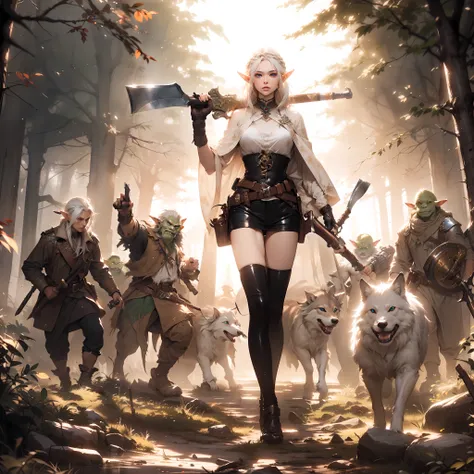 a portrayal of a elf girl standing with a ((shoot gun)) in hand, against facing a group of ((goblin:1.3)) with a ((axe)) in hand...