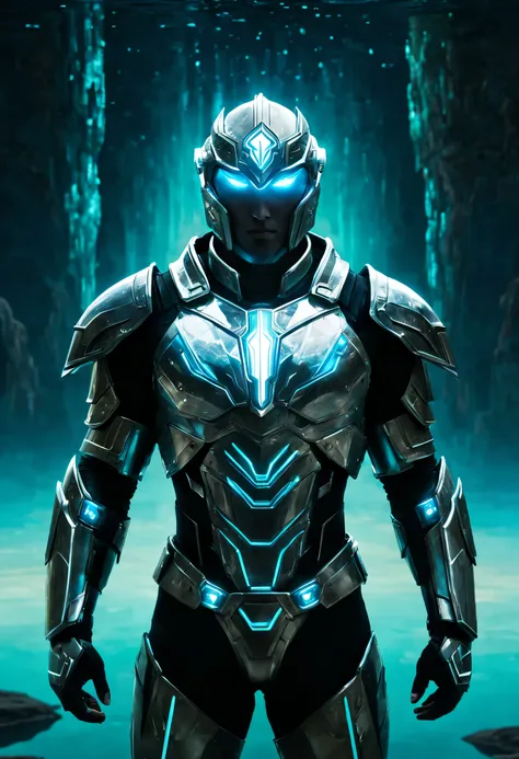 In a world of harmonious contrasts, a luminous and bioluminescent hero emerges from the symmetrical depths of a crystalline lake, cloaked in futuristic and realistic armor, their eyes aglow with an otherworldly light.