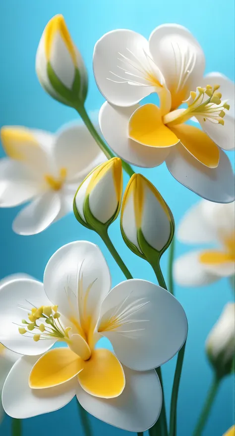 there are many white flowers with yellow centers on a blue background, beautiful flower, beautiful tropical flowers, beautiful flowers, white flowers, beautiful wallpaper, stunningly beautiful, incredibly beautiful, blooming tropical flowers, elegant flowe...