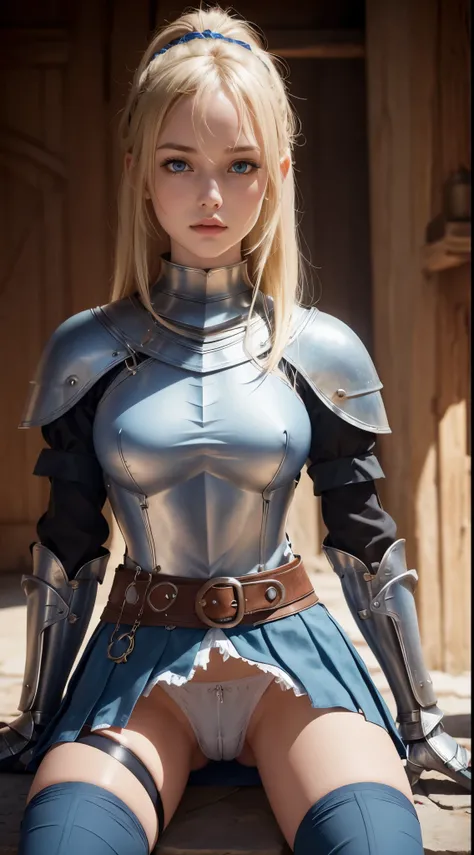 Blonde warrior girl, young girl, pretty face, thin girl, pretty girl, skinny girl, Shes wearing a plate armor, medieval armor, steel breastplate, steel gauntlets, steel gloves, (blue miniskirt: 1.5), (sitting, spread her legs: 1.1), (her panties are showin...