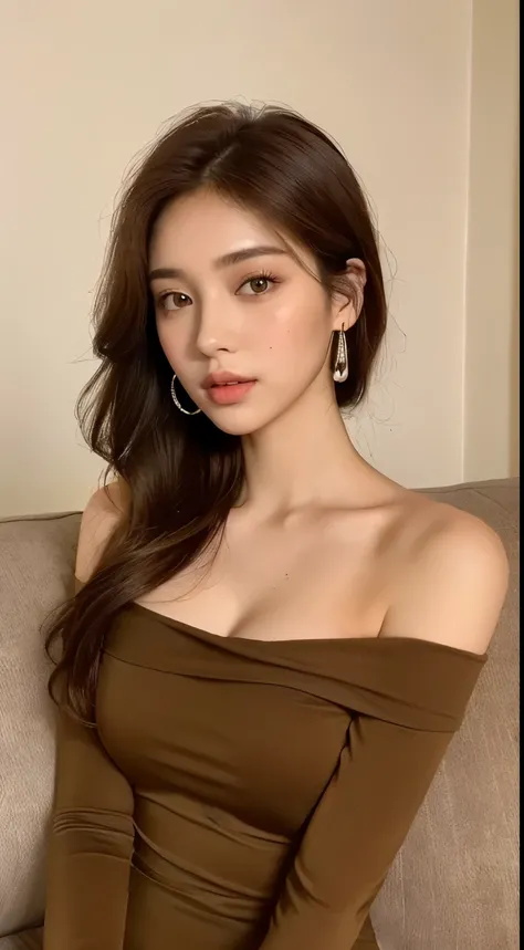 ((night view, realistic light, best quality, 8k, masterpiece: 1.3)), 1 girl, Beautiful slim woman: 1.4, (brown hair, medium breasts: 1.3), off-the-shoulder cropped top: 1.3, sofa, Super detailed face, delicate eyes, double eyelids