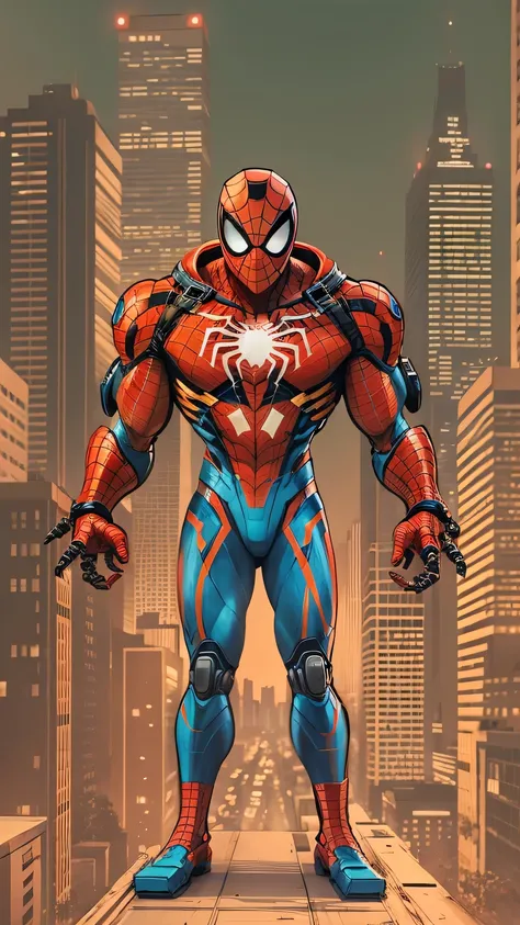 comic style:(Robot Spider-Man),Manipulator,hero,red and blue garments,Gold logo,city background, empty eyes, simple background, center.