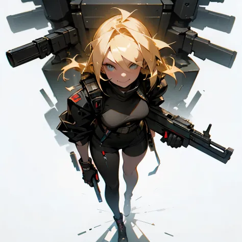 Beautiful girl with blonde hair holding a futuristic guns and blades out of cyberpunk city scene smiling With mischievousness 