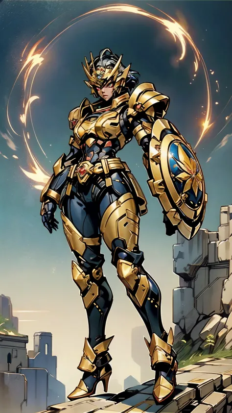 A woman adorned in fantasy-style full-body armor, a crown-concept fully enclosed helmet that unveils only her eyes, a composite layered chest plate, fully encompassing shoulder and hand guards, a lightweight waist armor, form-fitting shin guards, the overa...