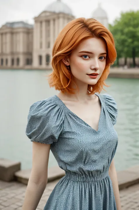 portrait photo of anastasiacebulska, focus on face, wearing a summer dress , her honey-orange color hair is styled as bob hair,