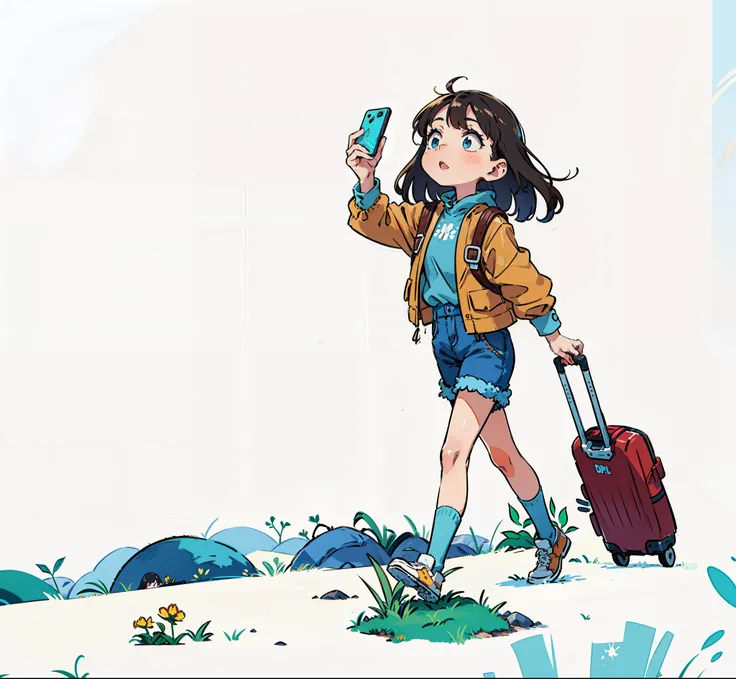 rural，grassland，girl taking a photo of herself holding a phone，Dragging suitcases，Wearing thick cotton clothes，Thick coat