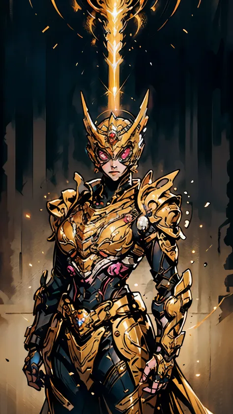 a woman adorned in fantasy-style full-body armor, a crown-concept fully enclosed helmet that unveils only her eyes, a composite ...