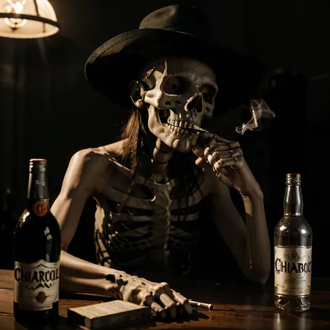 Image of a skeleton head with a hat, smoking a cigarette in his mouth and a bottle of alcohol on the table, claro-escuro, Cinematic lighting, 1080p, alta qualidade