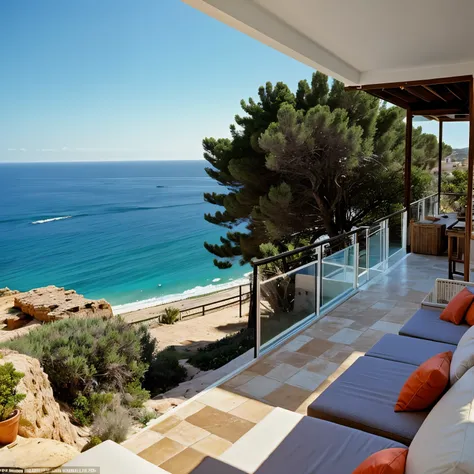 House located at the cliff edge in Ibiza, overlooking the expansive beach in the year 1990, with a lively group of 20 people engaging in a vibrant party scene, old money, make it look like in 1990s