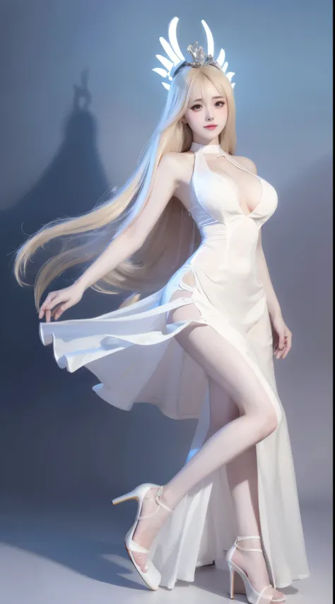 8k, Surreal, masterpiece, best quality, Super detailed, high resolution, random background, 1個Giant Breast Girl, (:1.5), Willow Yao, white dress，translucent，whole body，high heels，high heels鞋，whole body，red，noble