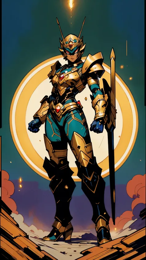 A woman adorned in fantasy-style full-body armor, a crown-concept fully enclosed helmet that unveils only her eyes, a composite layered chest plate, fully encompassing shoulder and hand guards, a lightweight waist armor, form-fitting shin guards, the overa...