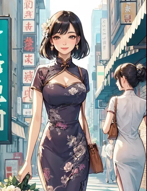 1lady solo, (strolling through city), (dark gray cheongsam) stylish, mature female, /(black hair/) bangs, blush light smile, (masterpiece best quality:1.2) delicate illustration ultra-detailed, large breasts BREAK (holding a designers bag) (holding bouquet...