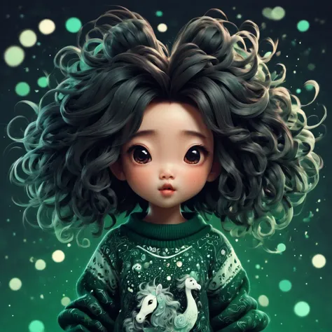 (best quality, highres), magical, black theme, (magical cute chinese girl:1.2). with (((exaggerated hair, huge fluffy hair", expanded hair, exagerated voluminous hair))), green and white sweater with ultradetailed zentangle duck and dots , details, (((hors...