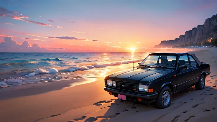 beach, sunset, pink sky, 80&#39;atmosphere, there is a black car on the sand, this is an old convertible, мягкая спокойная atmosphere