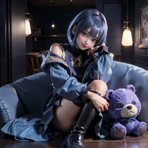 ((masterpiece)), ((highest quality)), ((High resolution)), ((Highly detailed 8k wallpaper)), full body image, 1 girl, Anime girl with blue hair and purple eyes wearing a blue jacket, bob cut, highly detailed characters,shy smile,hug a brown teddy bear,long...