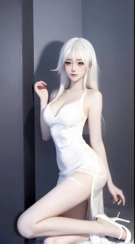 8k, surreal, masterpiece, best quality, super detailed, high resolution, random background, 1 girl, (:1.5), Yao Liu, white dress，white hair，translucent，whole body，High heel白色透明婚纱，High heel，whole body，white，winter，snowflake