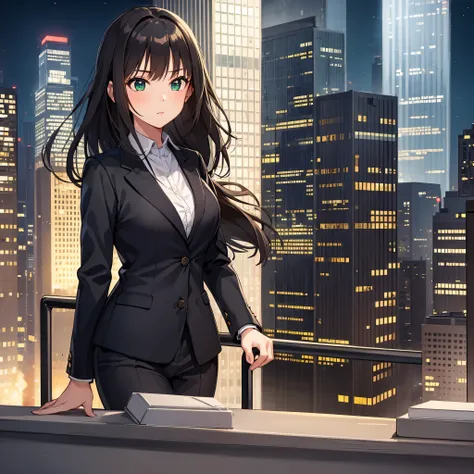 1 girl, mature woman, green eyes、suit, bow, highest quality, hire, detailed face, office, building from the window, detailed background, Depth of written boundary, Bokeh,black long hair,cityscape at night