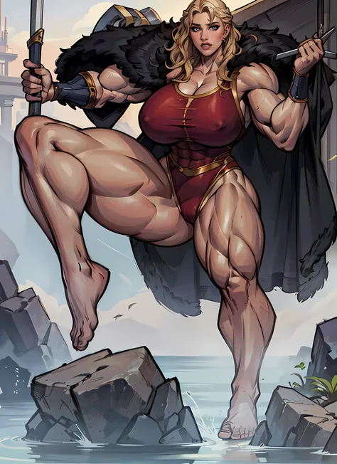 beautiful woman, viking warrior, (wide hips), ((Huge breasts)), (((long legs))), ((Massive Female Bodybuilder)), (((Muscular Legs))), ((((Huge Muscles)))), fur cloak, armor, blonde hair, wavy hair, (closeup, portrait shot), (solo), realistic