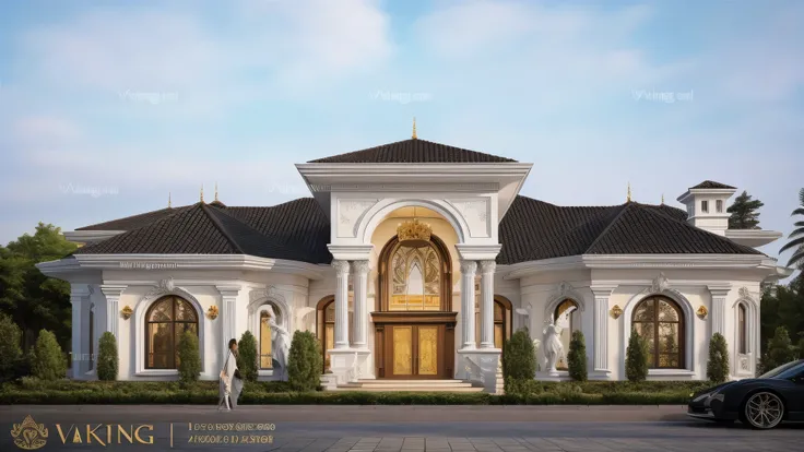 arafian style house with a large front entrance and a car parked in front, exterior design, architectural visualization, overall architectural design, front view dramatic, stunning grand architecture, neo - classical style, wide angle exterior 2022, front ...