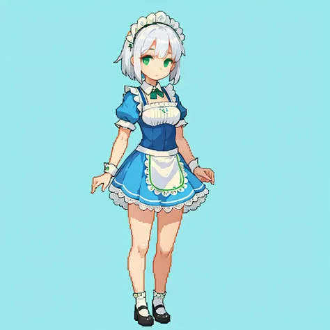 1 girl, whole body, white hair, green eyes, blue maid outfit