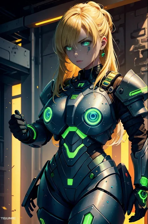 female technomage in power armour, blonde hair, glowing green eyes, blue technorunes, tattoo