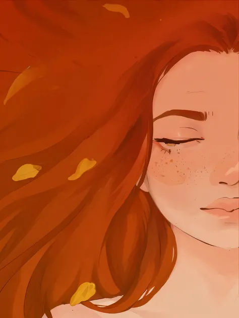 There is a woman with red hair and freckles on her face, beautiful autumn spirit, garota de cabelo vermelho, cabelo tornando-se folhas vermelhas de outono, garota de cabelo ruivo, retrato de lofi, cabelo laranja brilhante, orange flowing hair, flowing red ...