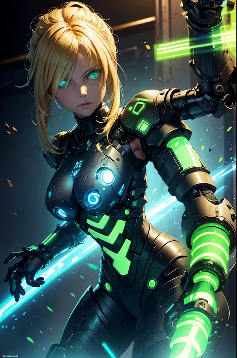 female technomage in power armour, blonde hair, glowing green eyes, blue technorunes, tattoo, extra mechanical arms