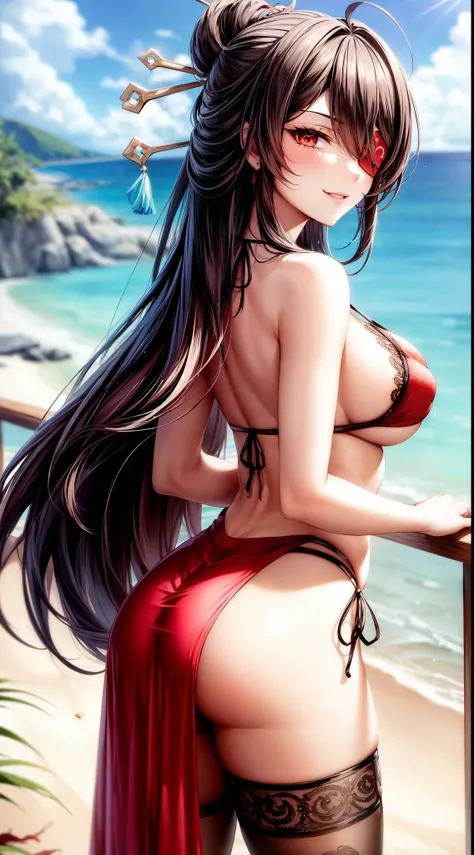 anime, beautiful face, highly detailed face, (2 accurate legs:1), red detailed eye, (black eye patch:1.0), highly detailed beach background, perfect lighting, best lighting, (no shadows:1.2), 1girl, solo, outdoors, genshin impact, beidou, (beautiful black ...