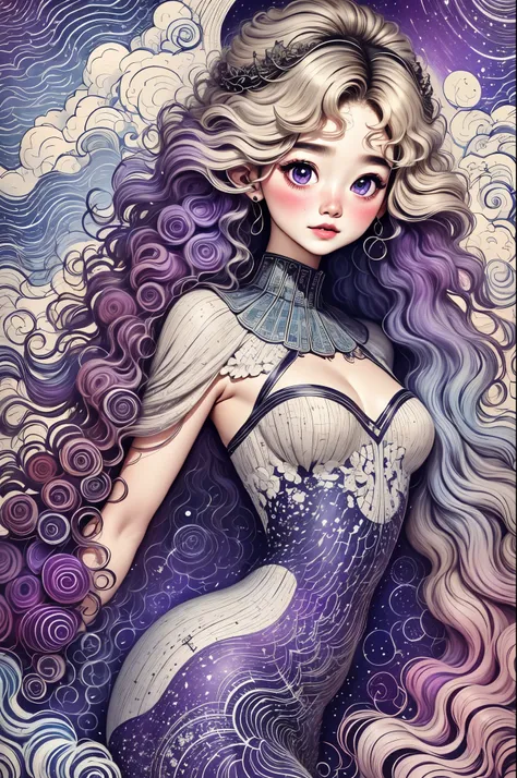 手绘插画波浪长发女孩