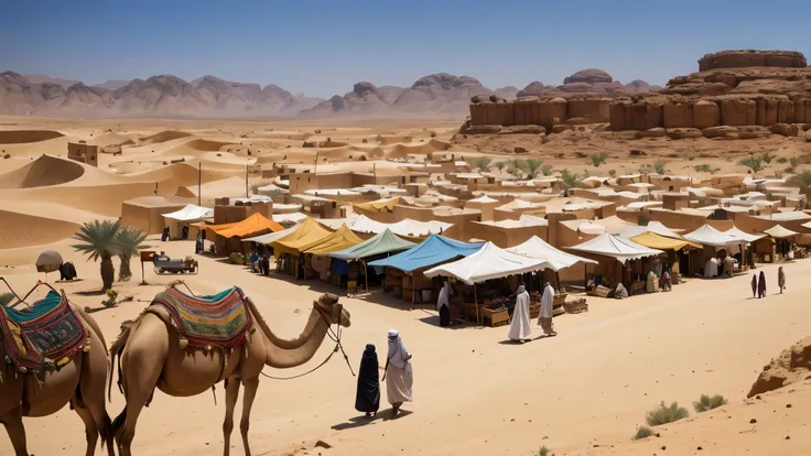 an arabic village in the desert with people , markets , camels
