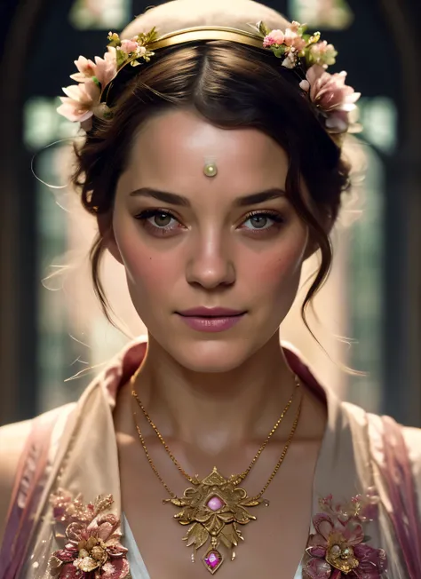 Looks like Marion Cotillard, (symmetry:1.1) (portrait of floral:1.05) a woman as a beautiful goddess, (assassins creed style:0.8), pink and gold and opal color scheme, beautiful intricate filegrid facepaint, intricate, elegant, highly detailed, digital pai...