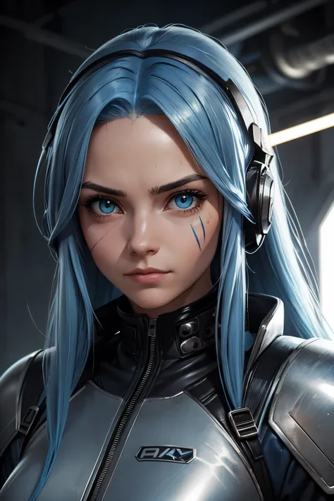 cute technician woman with long blue hair and narrow white eyes and a distinctive scar on her face in a gunmetal biker suit and an armored jacket