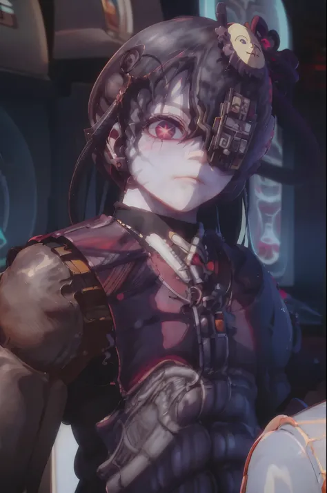  Hoshino Ai, long hair, purple hair, streaked hair ,purple eyes, star-shaped pupils, hair ornament borg
cyborg
bald
gray skin
veins
metal armor
cable
eyepatch deadpan expression 