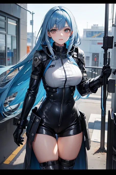 cute technician woman with long blue hair and narrow white eyes and a distinctive scar on her face in a gunmetal biker suit and an armored jacket