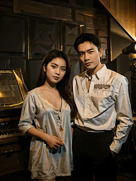 a 28 year old Indonesian Javanese man, black hair, neat and short, posing together with a female dangdut singer, long, slightly wavy brown hair, in a music studio room. wall background. photography, realistic, detailed, HD, 8K.