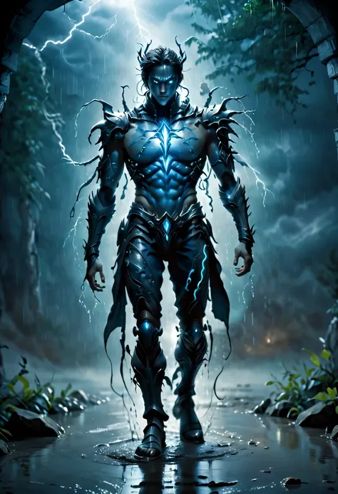 photo actual illustration of raziel holding the soul reaver , put on a neck brace, (stand in a puddle:1.4) night , (rain:1.2), (...