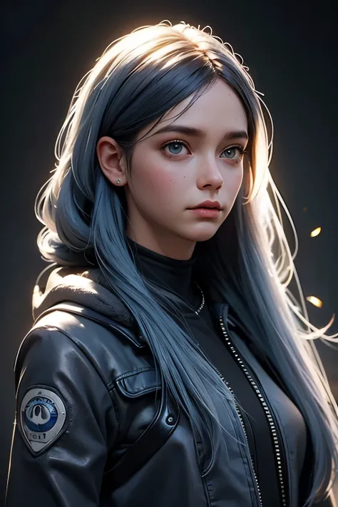 cute technician woman with long blue hair and narrow white eyes and a distinctive scar on her face in a gunmetal biker suit and an armored jacket